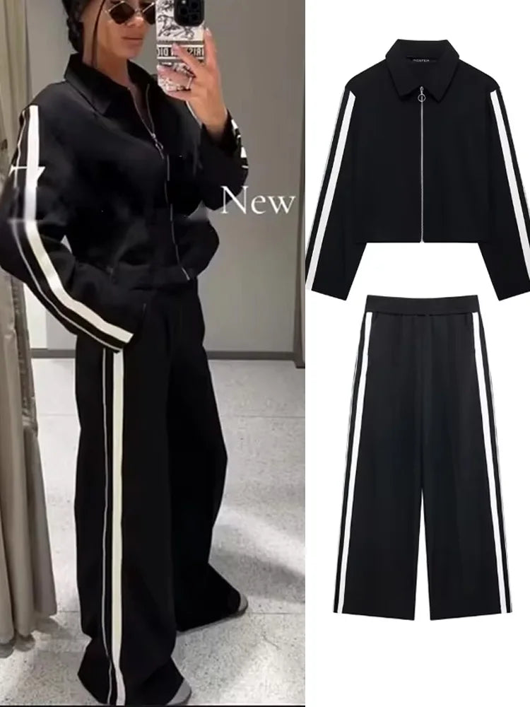 2024 New Women Casual Black Trousers Suits Sports Short Jacket + Female Vinatge Black White Patchwork Baggy Pants Street
