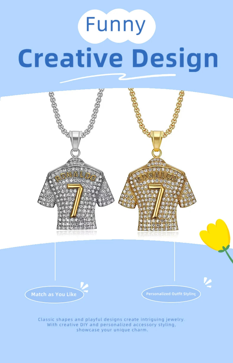 Hip Hop Style Number 7 Jersey Zircon Pendant Alloy Necklace for Men,Ronaldo Commemorative Necklace,World Cup Football Fan Gifts