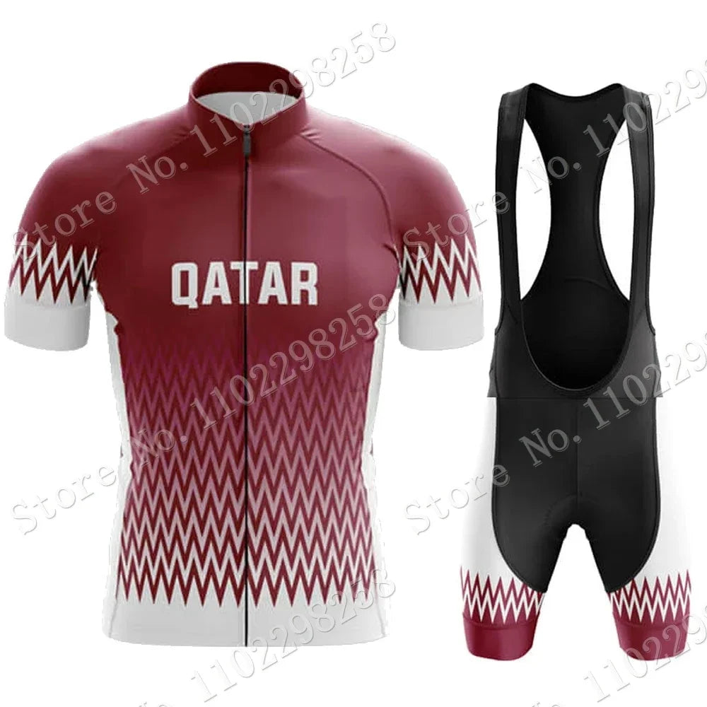 Qatar National Team Cycling Jersey 2023 Set Summer Bicycle Clothing Road Bike Shirts Suit Bicycle Bib Shorts MTB Ropa Maillot