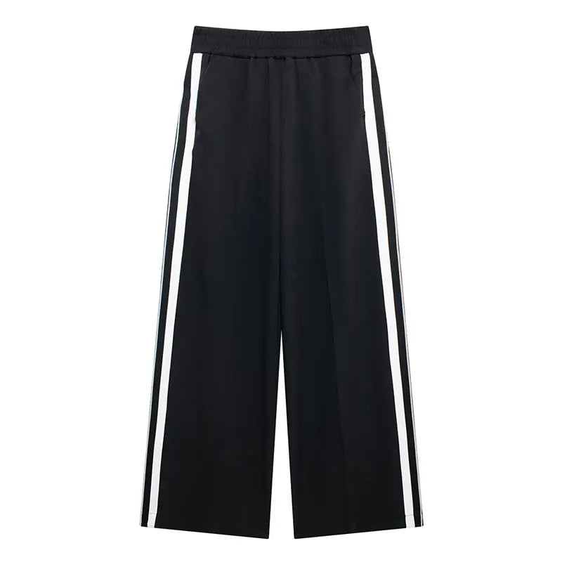 2024 New Women Casual Black Trousers Suits Sports Short Jacket + Female Vinatge Black White Patchwork Baggy Pants Street