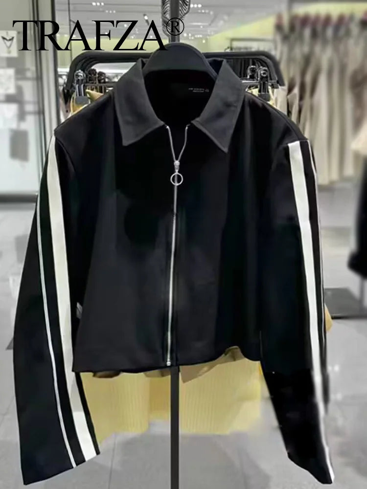 2024 New Women Casual Black Trousers Suits Sports Short Jacket + Female Vinatge Black White Patchwork Baggy Pants Street