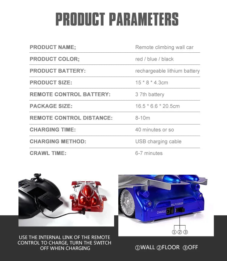 RC Car Climbing Wall Stunt Cars With LED Remote Control Racing Vehicle Anti Gravity Ceiling 360° Rotating Electronic Car Toys