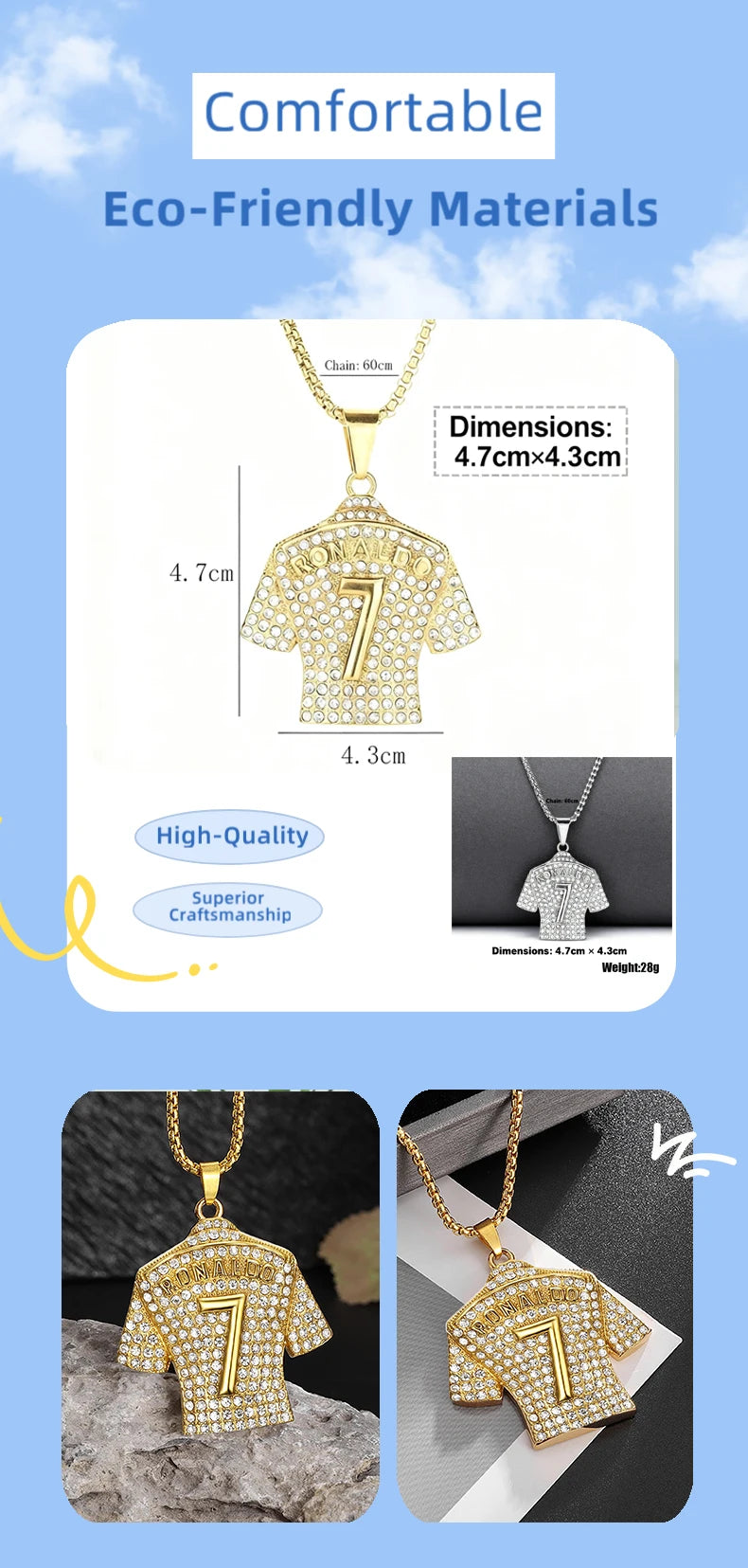 Hip Hop Style Number 7 Jersey Zircon Pendant Alloy Necklace for Men,Ronaldo Commemorative Necklace,World Cup Football Fan Gifts