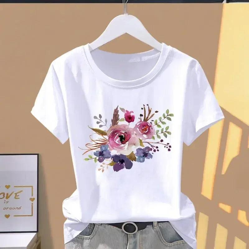 90s Y2k Women Print Floral Sports Fashion Casual Explosive Short Sleeve T-shirt Graphic Tshirts Women Clothes T Shirt