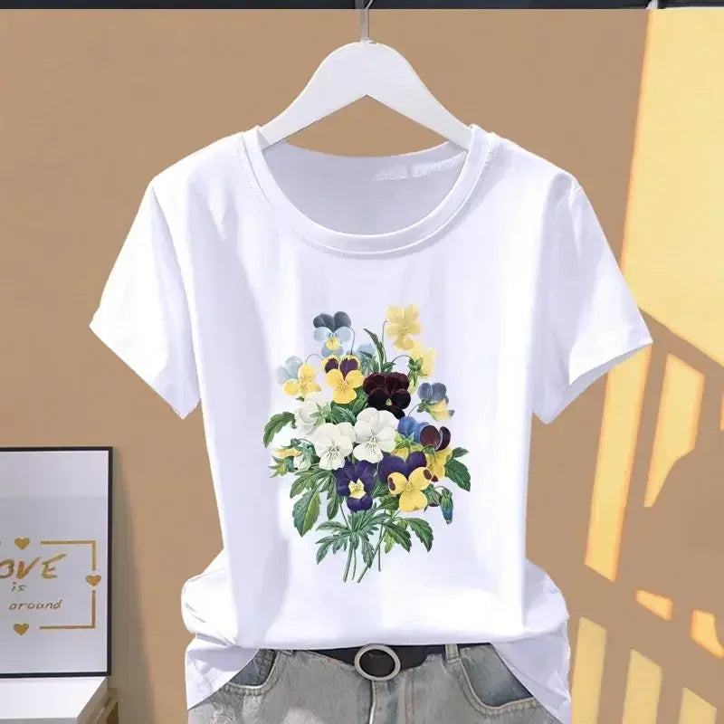 90s Y2k Women Print Floral Sports Fashion Casual Explosive Short Sleeve T-shirt Graphic Tshirts Women Clothes T Shirt