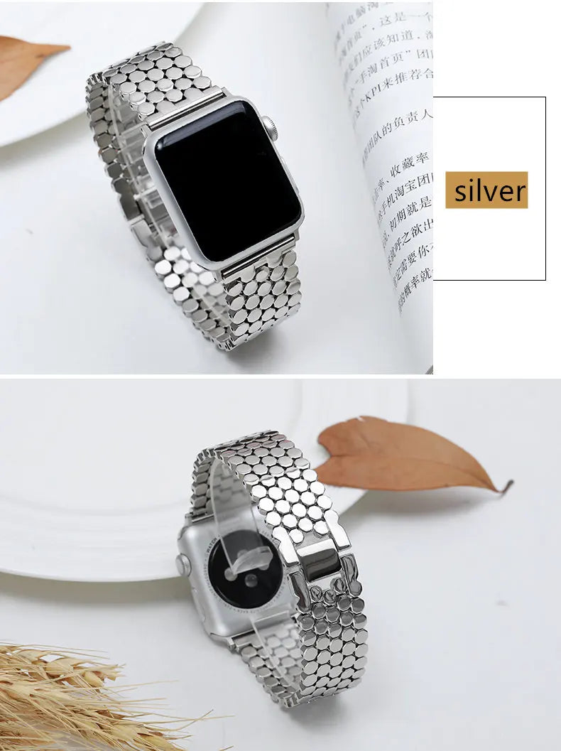 Stainless steel strap for Apple watch band 45mm 44mm 40mm 49mm 41mm Fish-scale Metal Link bracelet iWatch Series 9 8 se ultra 2