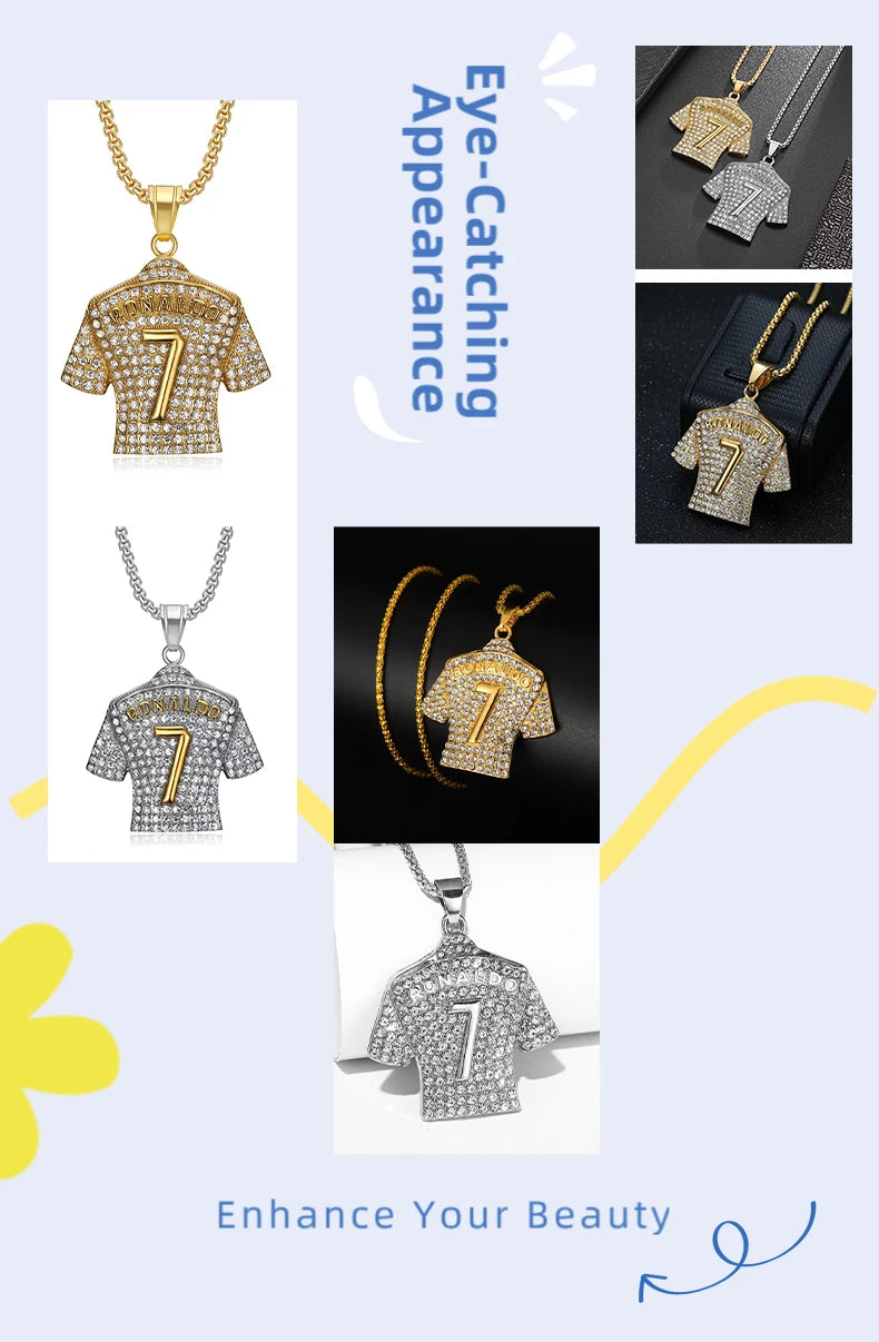 Hip Hop Style Number 7 Jersey Zircon Pendant Alloy Necklace for Men,Ronaldo Commemorative Necklace,World Cup Football Fan Gifts
