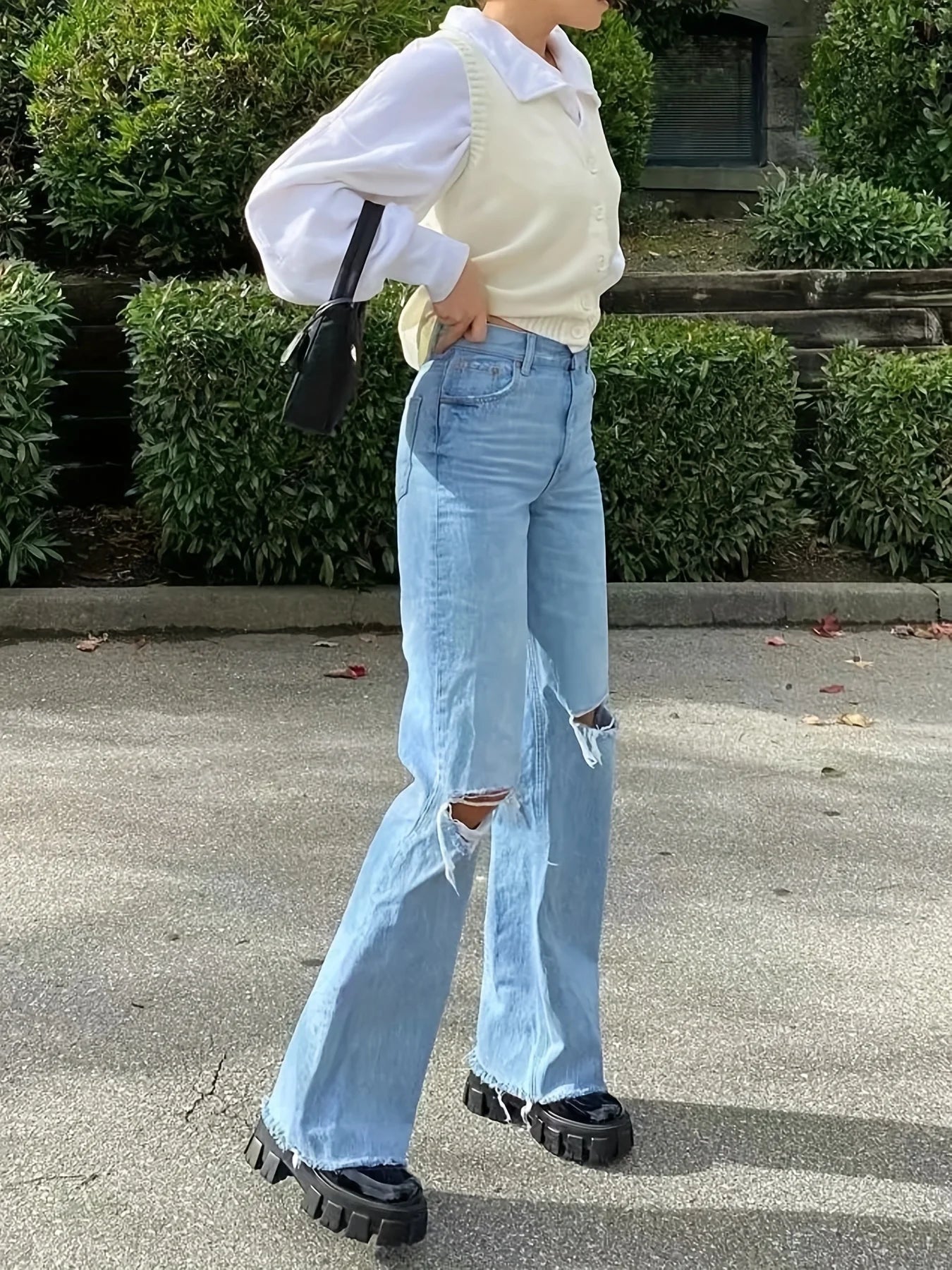 2025 new women's wide-leg ripped slightly flared jeans, high-waisted, non-elastic, comfortable and versatile - the best choice f