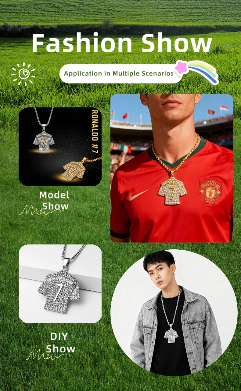 Hip Hop Style Number 7 Jersey Zircon Pendant Alloy Necklace for Men,Ronaldo Commemorative Necklace,World Cup Football Fan Gifts