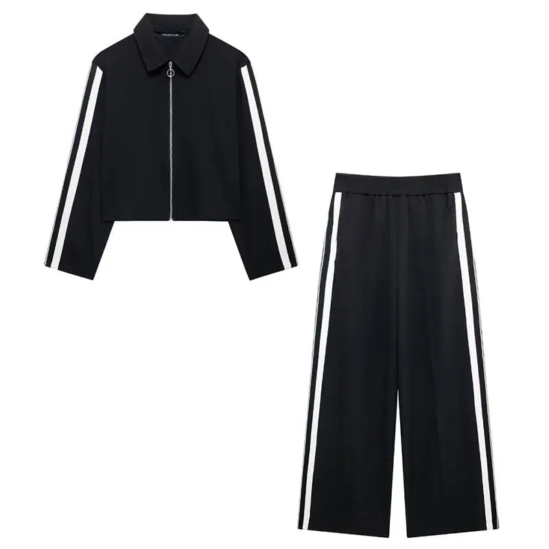 2024 New Women Casual Black Trousers Suits Sports Short Jacket + Female Vinatge Black White Patchwork Baggy Pants Street