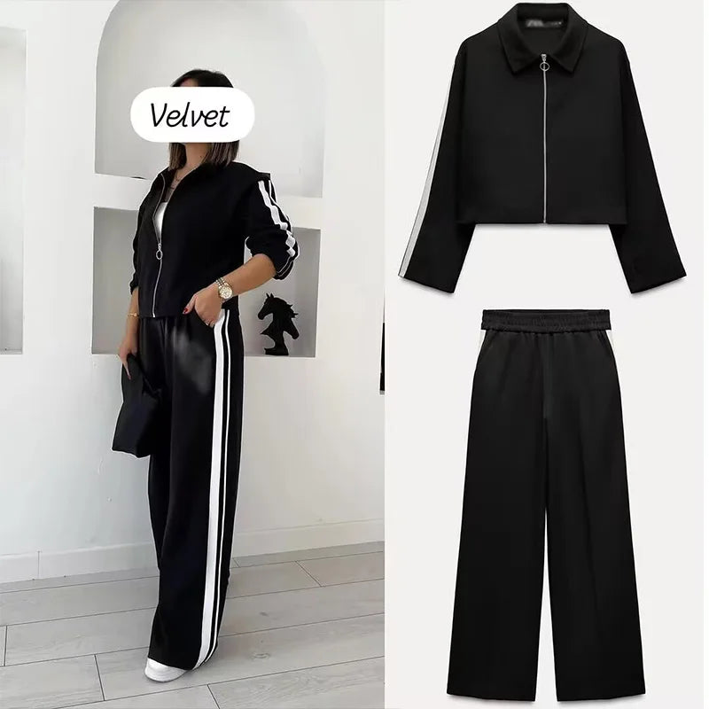 2024 New Women Casual Black Trousers Suits Sports Short Jacket + Female Vinatge Black White Patchwork Baggy Pants Street