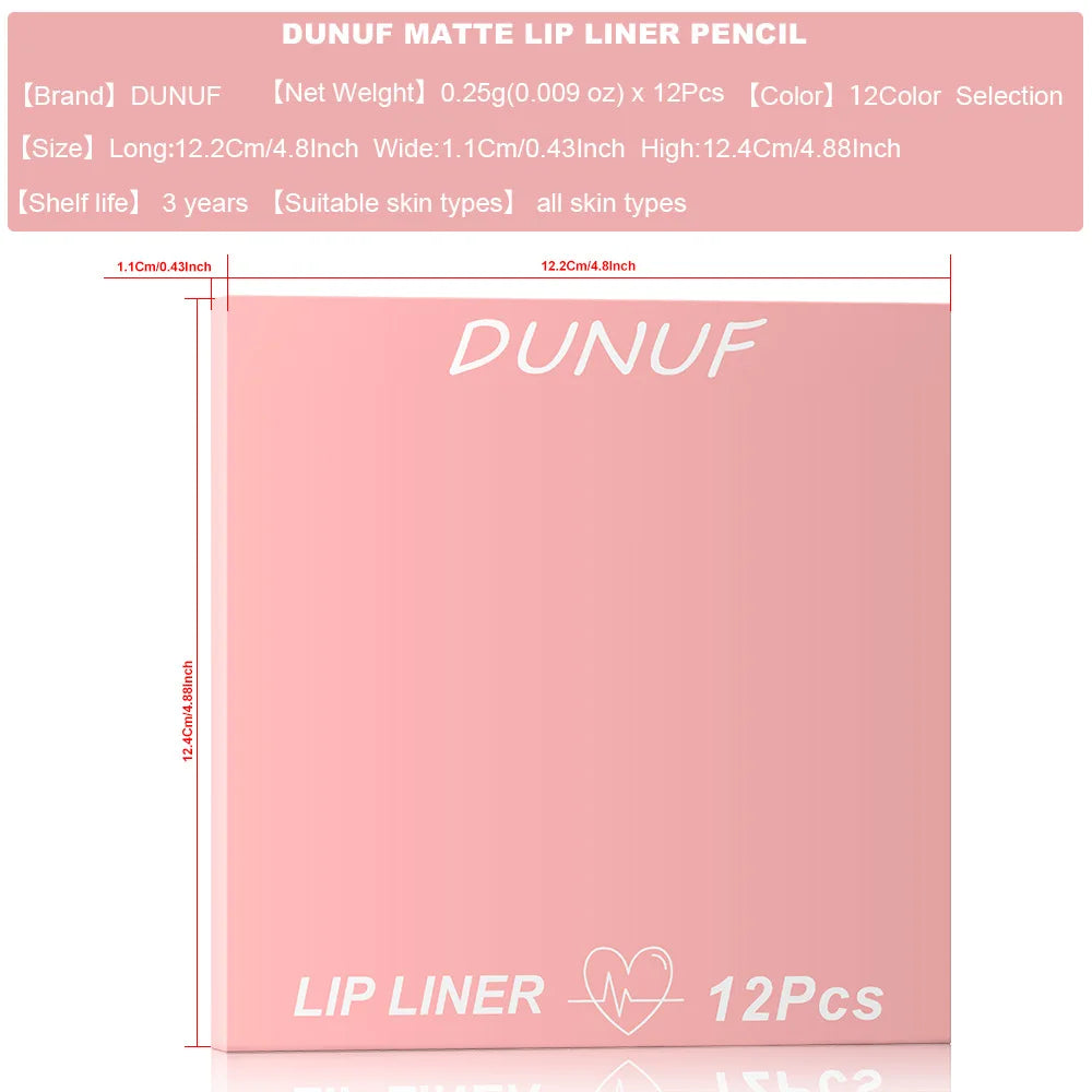 DUNUF 12 Pcs Durable Waterproof Lip Liner Matte Durable Easy To Color Non-Stick Cup No Fading No Beginner Friendly Exquisite Gif