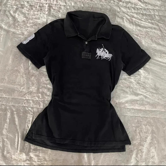 Women's Summer Slim Fit Polo Shirt Short Sleeve Embroidered Pattern Versatile Street Trend Minimalist Top