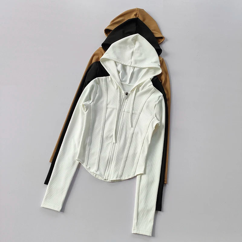 Women's Fitness Coat Hooded Cardigan Tight Quick-dry Sports Jacket Running Training Shirt Yoga Clothes Long Sleeve Sport Jacke