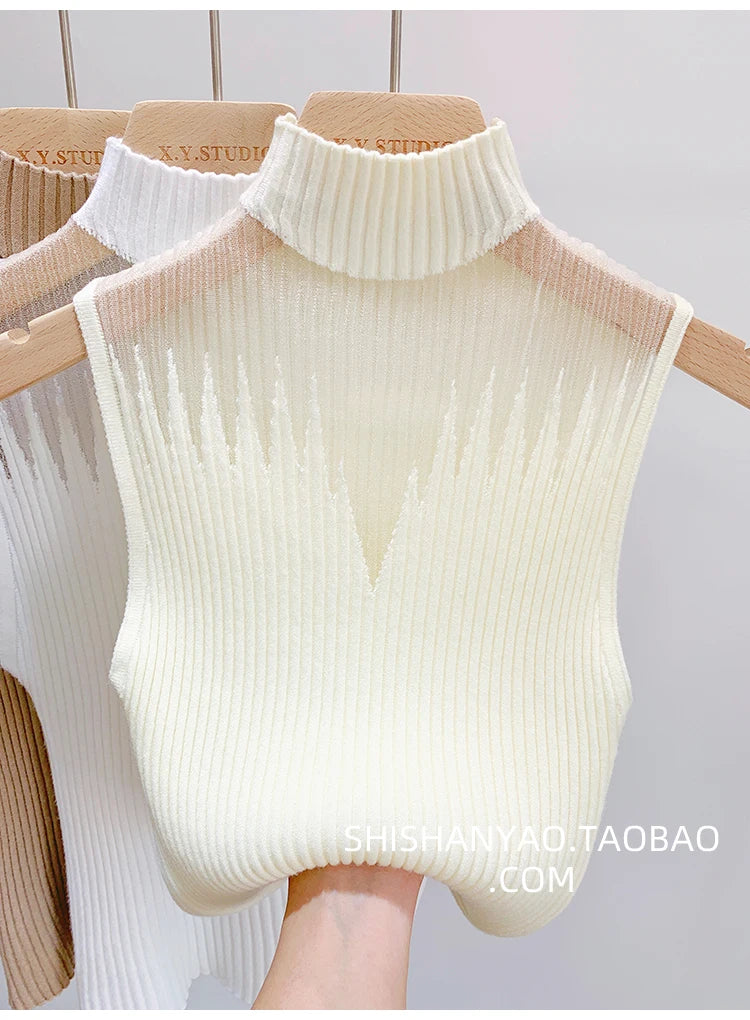 Mesh Knitted Top Women Y2K Tank Top Half Neck Vest Female Sleeveless Sweater Chic Cut Out Streetwear Solid Skinny Tube Top