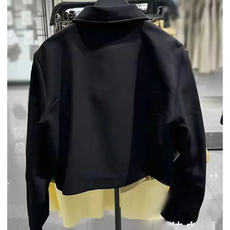 2024 New Women Casual Black Trousers Suits Sports Short Jacket + Female Vinatge Black White Patchwork Baggy Pants Street