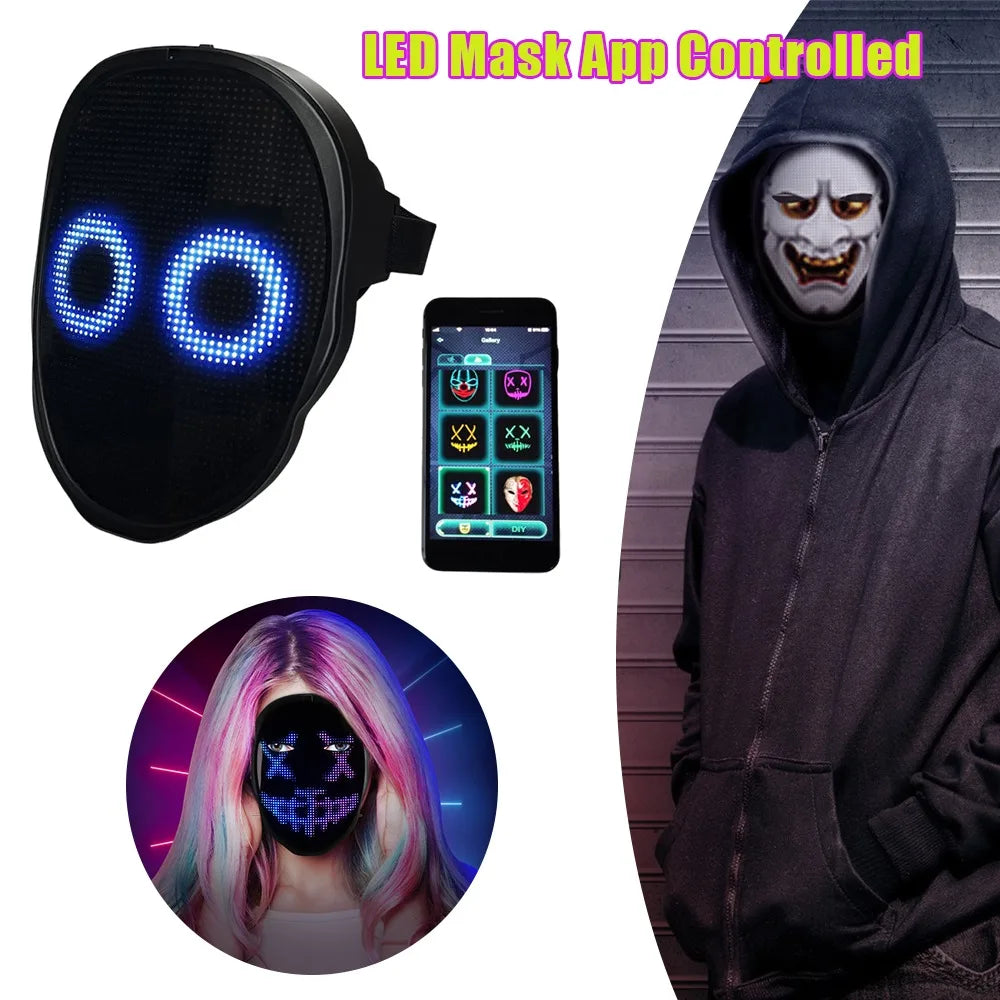 Bluetooth App Controlled LED Mask Gesture Sensor Programmable Light Up Face Changing Cyberpunk Halloween Cosplay Party Rave