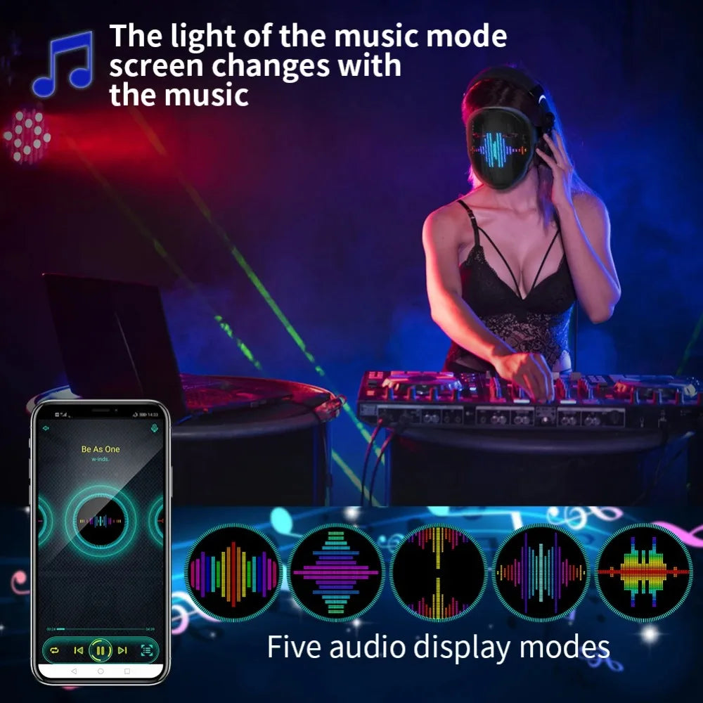 Bluetooth App Controlled LED Mask Gesture Sensor Programmable Light Up Face Changing Cyberpunk Halloween Cosplay Party Rave